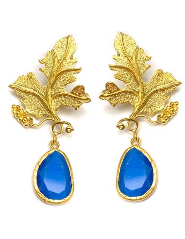 PENDIENTES LARGOS ORIGINALES PIEDRA NATURAL AZUL, HOJA PARRA - Imagen 1