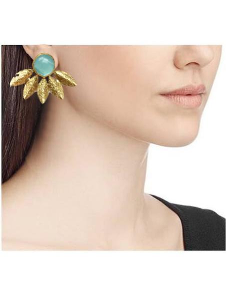 PENDIENTES MODA MUJER HOJAS DE MARGARITA Y PIEDRA VERDE - Imagen 2