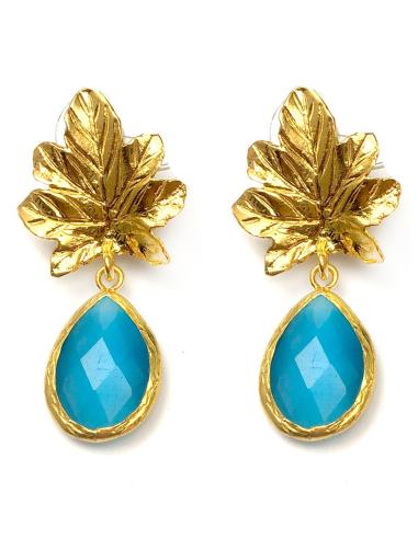 PENDIENTES  MUJER PIEDRA NATURAL AZUL CLARO Y HOJA - Imagen 1
