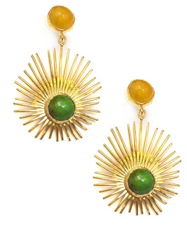 PENDIENTES MUJER LARGOS ALTA BISUTERIA Y JOYERIA RAYOS DE SOL Y PIEDRA VERDE - Imagen 1