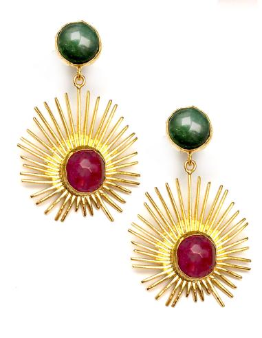 PENDIENTES MUJER LARGOS PIEDRA RUBI Y VERDE ALTA BISUTERIA Y JOYERIA, RAYOS DE SOL - Imagen 1