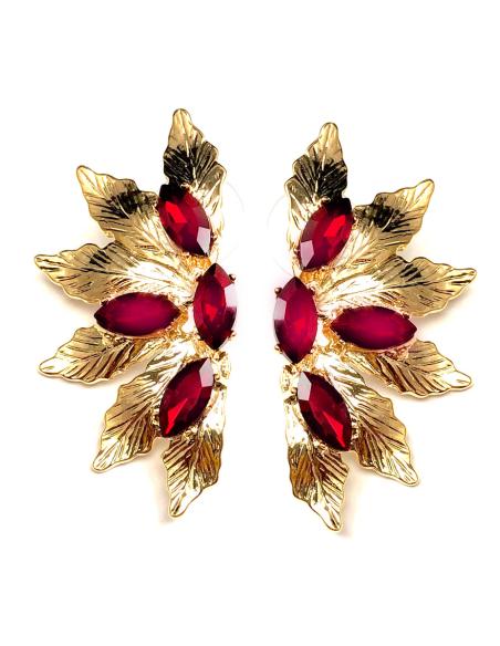 PENDIENTES DE FIESTA DORADOS Y GRANATES ABANICO CON CRISTAL - Imagen 1