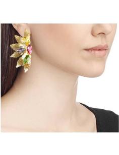 PENDIENTES DE FIESTA DORADOS Y GRANATES ABANICO CON CRISTAL - Imagen 1 2