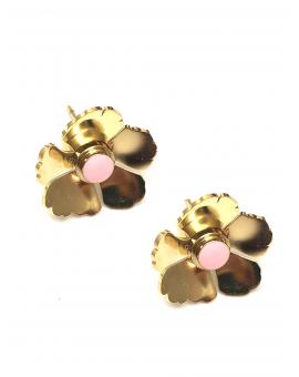 PENDIENTES PEQUEÑOS DORADOS DE FLORES EN ACERO Y ROSA - Imagen 1