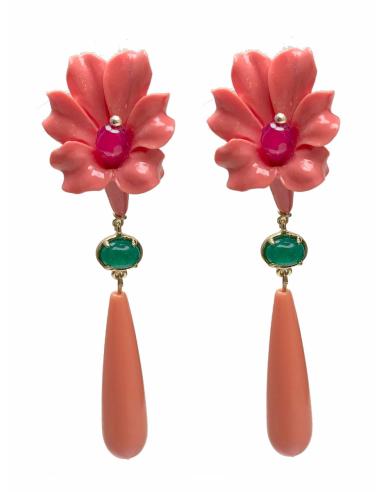 PENDIENTES FLAMENCA LARGOS CORAL CON FLOR Y CHUPON SEVILLA - Imagen 1