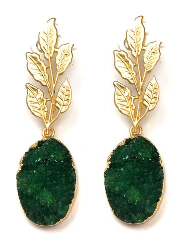 PENDIENTES BUGAMBILIAS DE PIEDRA DRUSA  VERDE Y HOJITA DORADA MATE - Imagen 1
