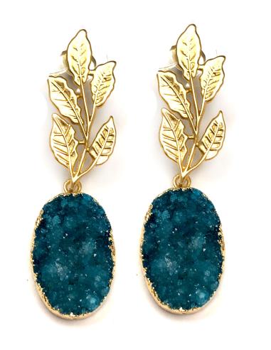 PENDIENTES DORADOS Y AZULES CON PIEDRA DRUSA Y HOJITA MATE - Imagen 1