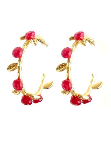 AROS DORADOS CON HOJITAS Y DETALLES EN ROJO PENDIENTES MUJER - Imagen 1