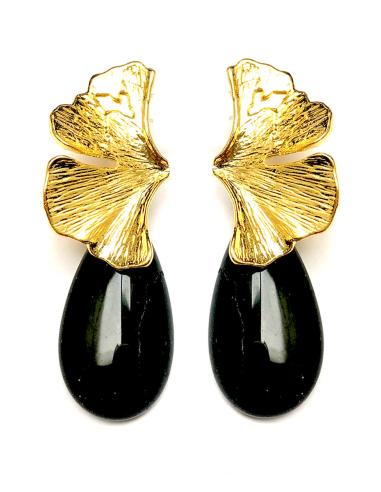 PENDIENTES NEGROS Y DORADOS DE HOJITA CON LAGRIMA DE PIEDRA - Imagen 1