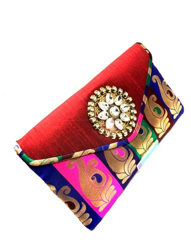 BOLSOS CON PEDRERIA BONITA CARTERA SEDA SALVAJE GRANATE Y MULTICOLOR - Imagen 1