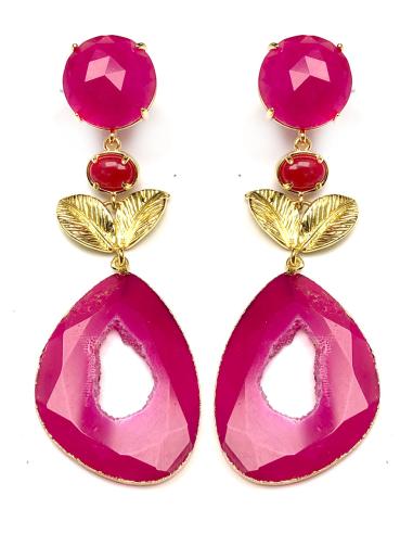 PENDIENTES MUJER LARGOS FUCSIAS DISEÑOS UNICOS PIEDRA AGATA - Imagen 1