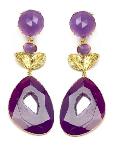 PENDIENTES MUJER LARGOS MORADOS DISEÑOS UNICOS PIEDRA AGATA - Imagen 1