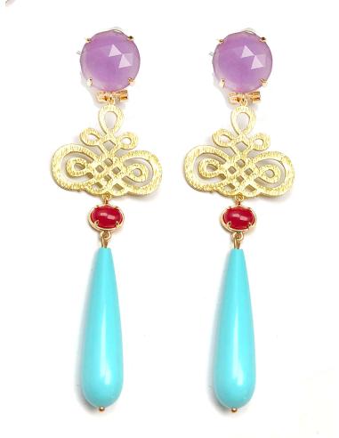 PENDIENTES LARGOS TURQUESAS CON FILIGRANA DORADA PARA BODAS - Imagen 1