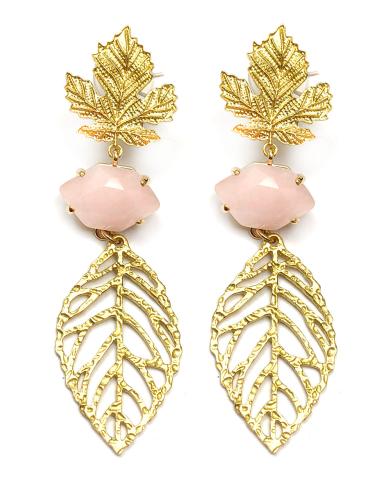 PENDIENTES LARGOS DORADOS CON PIEDRA ROSAS Y HOJITAS - Imagen 1