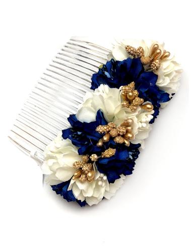 PEINAS BODA CON FLORES BLANCAS, AZULES Y DETALLES EN DORADO - Imagen 1