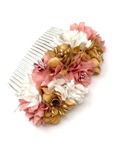 PEINAS BODA CON FLORES BLANCAS, ROSAS Y ORO VIEJO - Imagen 1