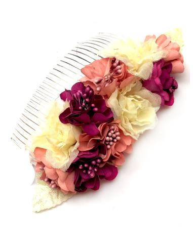 PEINETAS FLORES PARA INVITADAS BODA BLANCO, ROSA Y BUGAMBILIA - Imagen 1