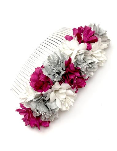 PEINETAS FLORES DE INVITADA EN BLANCO, BUGAMBILIA Y GRIS PLATA - Imagen 1