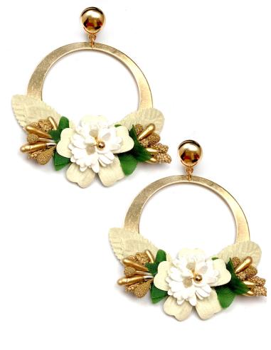 PENDIENTES DE AIRE FLAMENCO DE AROS GRANDES CON FLORES BLANCAS - Imagen 1