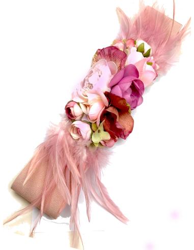 CINTURONES ROSAS DE FIESTA ELASTICOS CON FLORES Y PLUMAS - Imagen 1