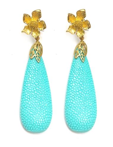 PENDIENTES LARGOS TURQUESAS CON LAGRIMA TEXTURA MANTARRAYA - Imagen 1