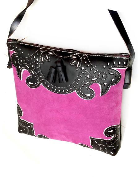 BOLSOS PIEL DE UBRIQUE FUCSIA DISEÑO TAURINO BANDOLERA ROCIERA - Imagen 2