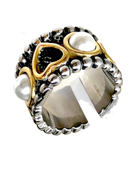 ANILLOS GRANDES EN PLATEDO Y DORADO CON CORAZONES Y PERLA - Imagen 1