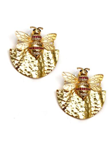 PENDIENTES DORADOS DISEÑO ABANICO Y ABEJA CON CRISTAL FUCSIA - Imagen 1