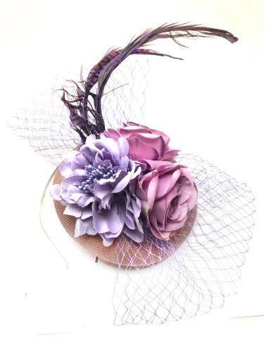 TOCADOS LILAS Y ROSAS PEQUEÑOS CON PLUMAS Y FLORES PARA BODA - Imagen 1