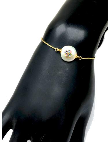 PULSERAS DORADAS AJUSTABLES CON PERLA Y FLOR DE COLORES