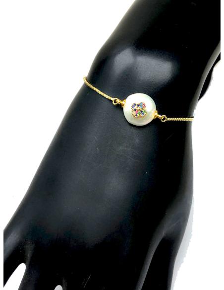 PULSERAS DORADAS AJUSTABLES CON PERLA Y FLOR DE COLORES