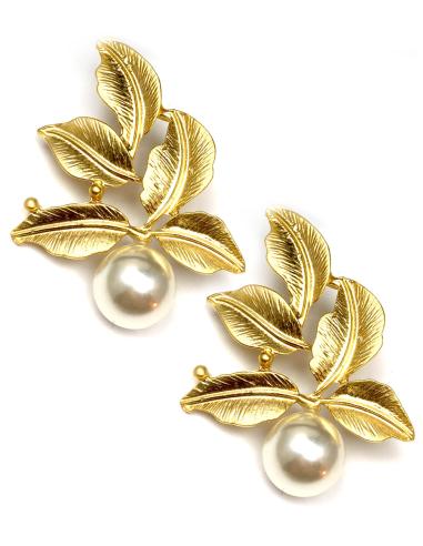 PENDIENTES MUJER DORADOS CON PERLAS Y HOJITAS MATE PARA BODA