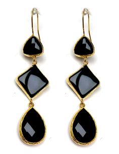 PENDIENTES LARGOS NEGROS CON PIEDRAS SEMIPRECIOSAS Y BAÑO ORO