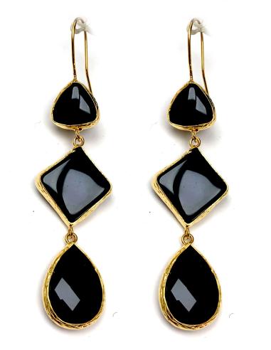 PENDIENTES LARGOS NEGROS CON PIEDRAS SEMIPRECIOSAS Y BAÑO ORO