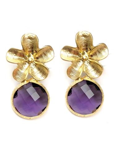 PENDIENTES PEQUEÑOS MORADOS CON FLOR DORADO MATE