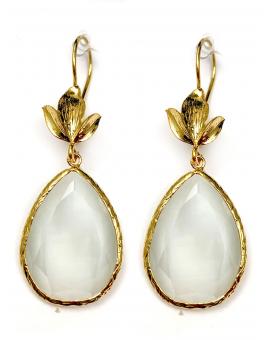 PENDIENTES LARGOS BLANCOS CON PIEDRA FACETADA OJO DE GATO