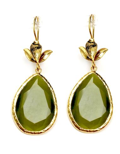 PENDIENTES LARGOS VERDE OLIVA CON PIEDRA FACETADA OJO DE GATO