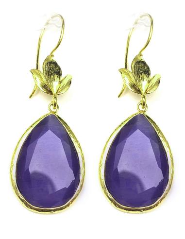 PENDIENTES LARGOS MORADOS CON PIEDRA FACETADA OJO DE GATO