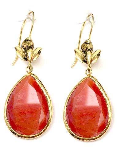 PENDIENTES LARGOS NARANJAS CON PIEDRA FACETADA OJO DE GATO