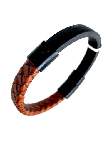 PULSERAS DE CUERO HOMBRE DISEÑO EN BICOLOR MARRON Y TEJA