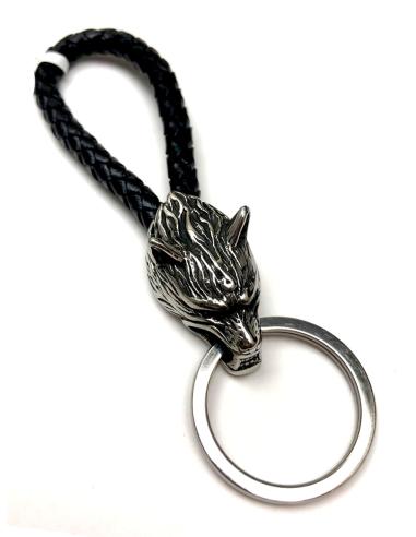 LLAVEROS PARA HOMBRE CON CABEZA DE LOBO Y CUERO NEGRO