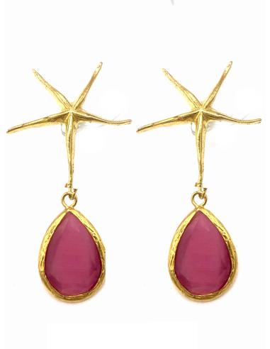PENDIENTES LARGOS MORADOS DE FIESTA CON DISEÑO DE ESTRELLA DORADA