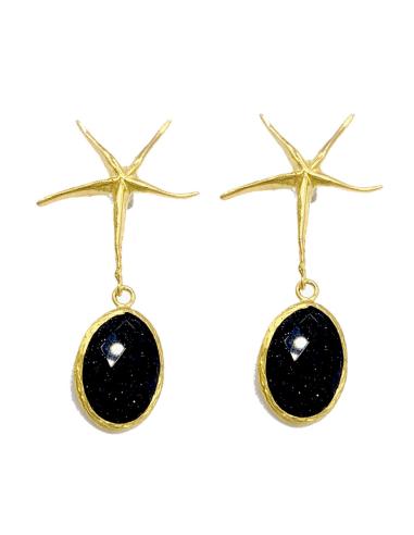PENDIENTES LÁGRIMA NEGRA BRILLANTE CON FINA ESTRELLA DORADA PARA FIESTAS