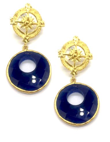 PENDIENTES LARGOS DE ALTA BISUTERÍA CON DISEÑO DE BRÚJULA Y LÁGRIMA AZULONA