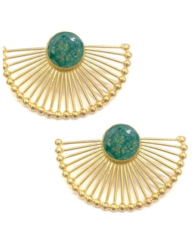 PENDIENTES DORADOS CON PIEDRA VERDE DE ALTA BISUTERÍA Y DISEÑO DE ABANICO