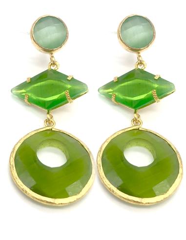 PENDIENTES VERDES LARGOS DE FIESTA CON TRIPLE PIEDRA NATURAL