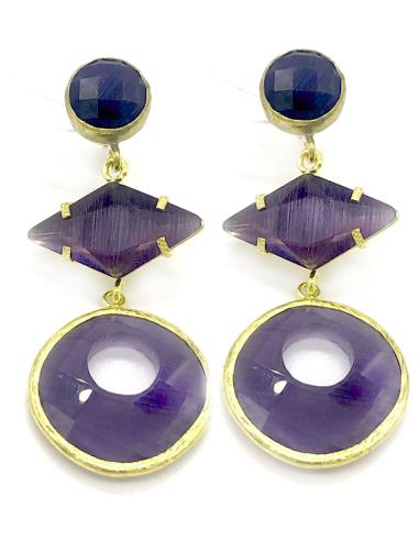 PENDIENTES LARGOS MORADOS DE FIESTA CON TRIPLE PIEDRA NATURAL