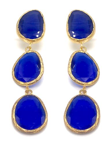 PENDIENTES AZULONES LARGOS CON PIEDRAS NATURALES OVALADAS BAÑADAS EN ORO