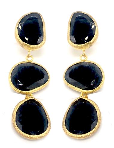 PENDIENTES NEGROS OVAL LARGOS CON PIEDRAS NATURALES  BAÑADAS EN ORO