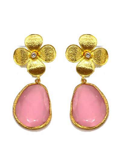 PENDIENTES PIEDRA ROSA Y DISEÑO DE FLOR CON CIRCONITA DE ALTA BISUTERÍA